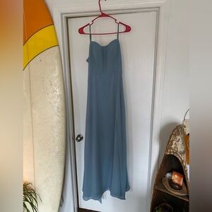 Zapaka Size 8 NEW Dusty Blue Bridesmaid Maxi Dress Gown A-Line Tie Open Back